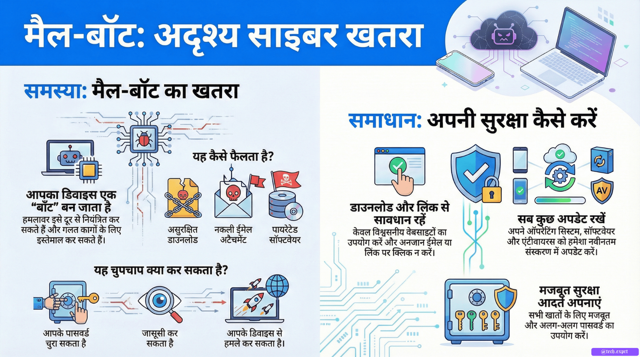 यह लेख MalBot नामक एक अत्यंत गुप्त और हानिकारक मैलवेयर के बारे में विस्तृत जानकारी प्रदान करता है। यह स्पष्ट करता है कि कैसे यह सॉफ्टवेयर किसी उपकरण को बिना उपयोगकर्ता की जानकारी के बॉटनेट का हिस्सा बना देता है। लेख के अनुसार, यह खतरा मुख्य रूप से असुरक्षित डाउनलोड और ईमेल अटैचमेंट के माध्यम से फैलता है, जिससे डेटा चोरी और वित्तीय हानि जैसे गंभीर परिणाम हो सकते हैं। इसमें सिस्टम अपडेट और साइबर स्वच्छता जैसे सरल उपायों द्वारा सुरक्षा पर विशेष जोर दिया गया है। अंत में, यह hSECURITIES साइबर स्कूल के माध्यम से डिजिटल सुरक्षा और जागरूकता की शिक्षा के महत्व को रेखांकित करता है। यह सामग्री तकनीकी विशेषज्ञों और आम इंटरनेट उपयोगकर्ताओं दोनों को सतर्क रहने के लिए प्रेरित करती है।